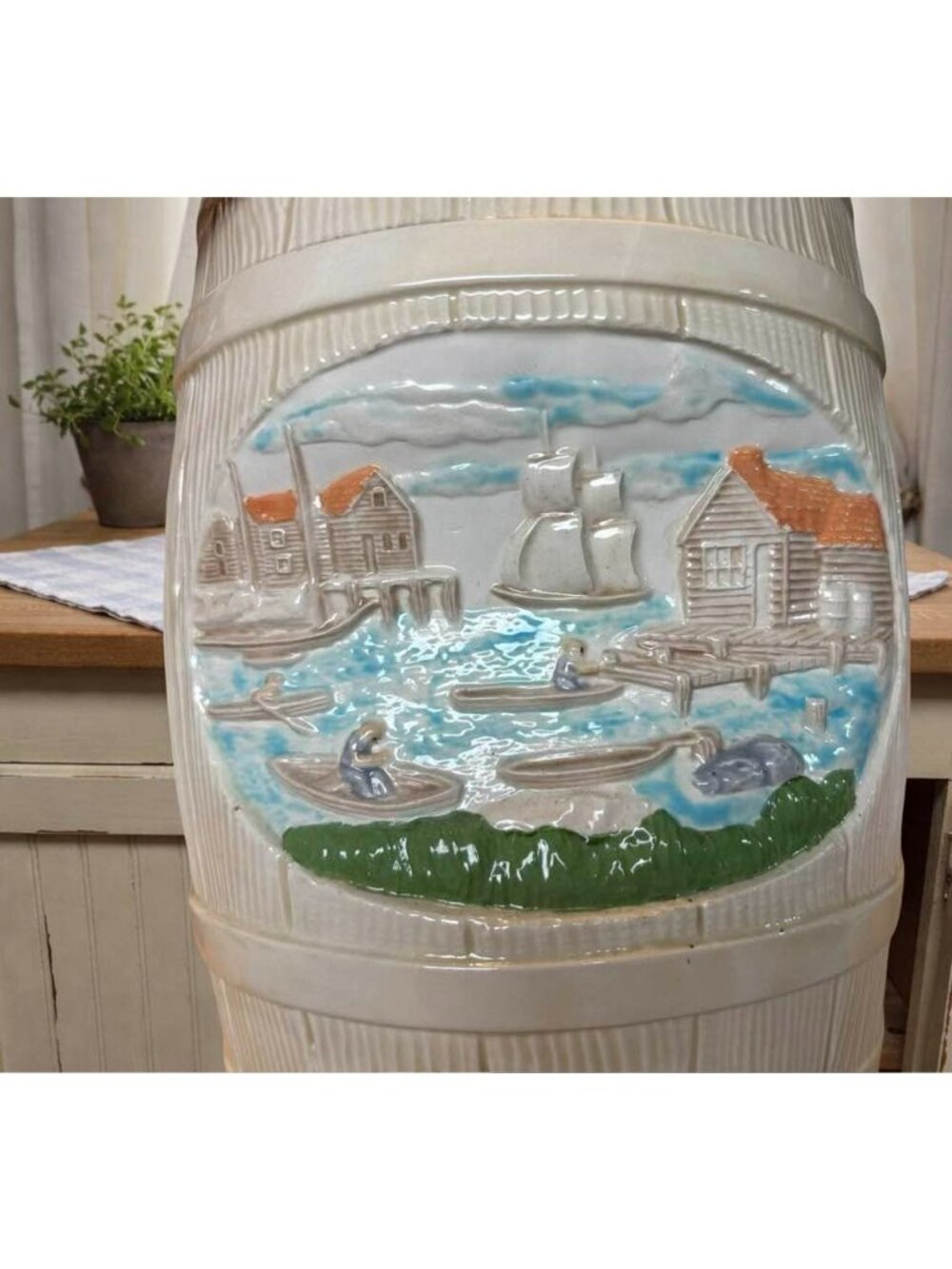 Vintage Ceramic Barrel Cookie Jar With Coastal Harbor Scene Lid Handle Hersheys - Picture 6 of 8